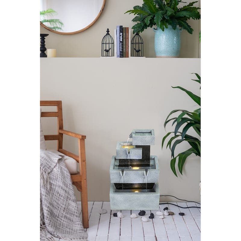 13.6x15.7x22.4" Decorative 4 Tier Gray and Black Block Fountain with Light, for Indoor and Outdoor