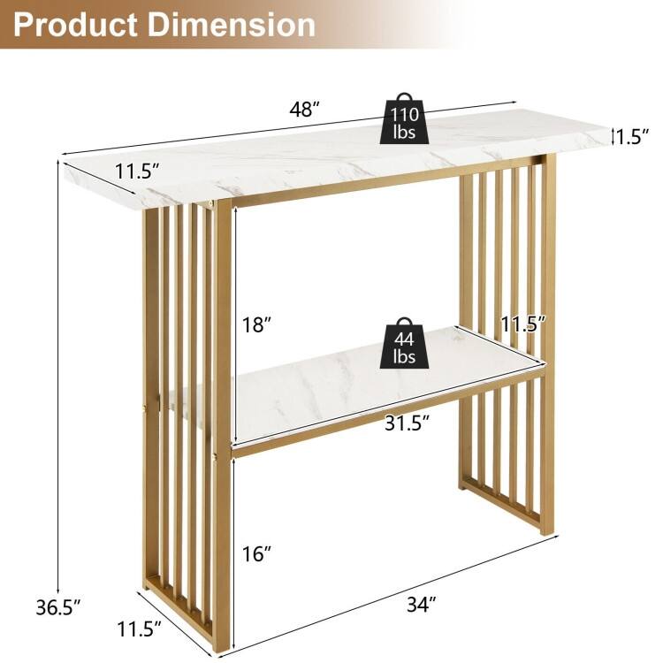 48 Inch 2-Tier Console Table with Gold Finished Frame-White - 48" x 11.5" x 36.5" (L x W x H)