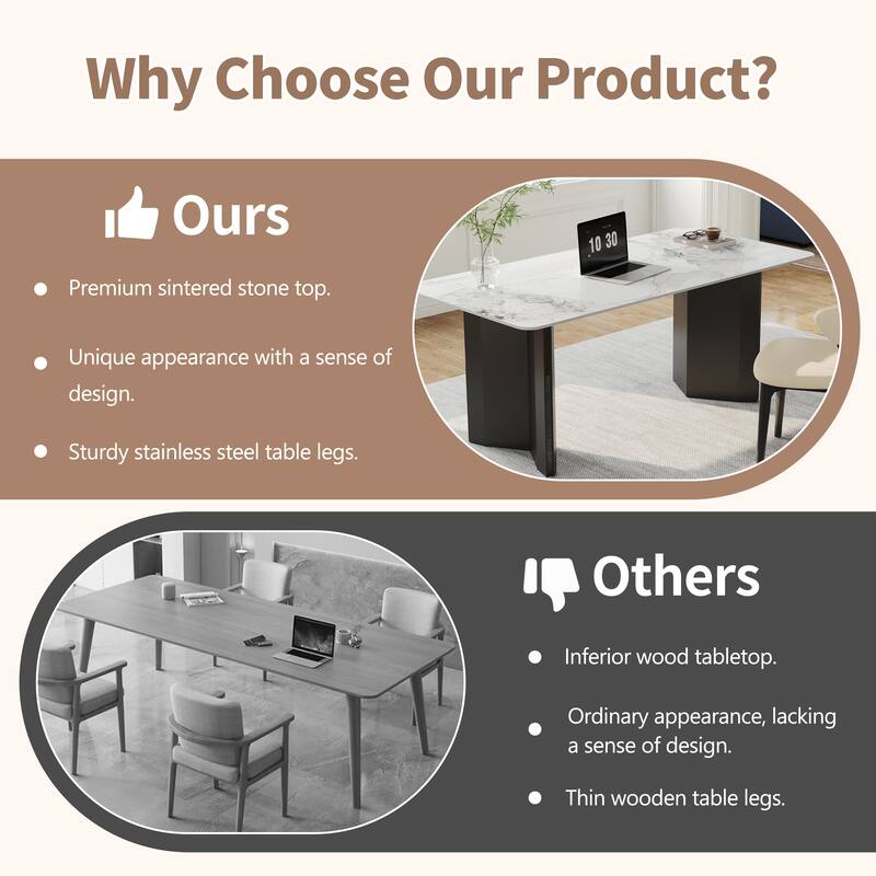 63" Modern Rectangular Writing Desk, Glossy White Sintered Stone Top, Black Stainless Steel Double Base