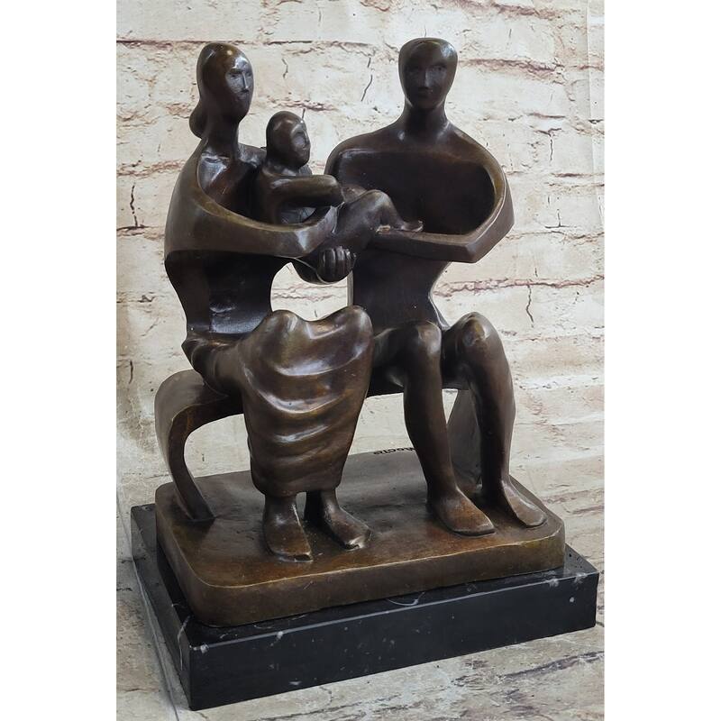 Henry Moore Family In Park Bench Bronze Sculpture Marble Base Abstract Statue Nr