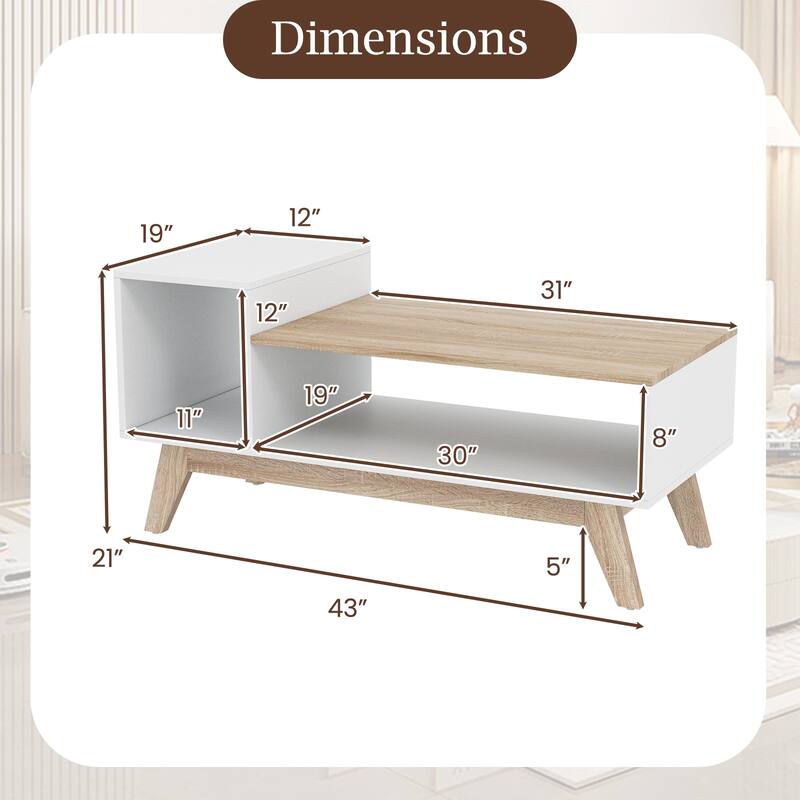 Gymax Coffee Table 43'' Center Table w/ Stepped Tabletop & Storage