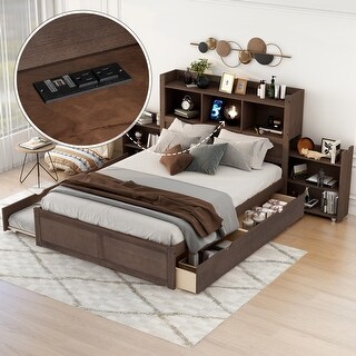 Black Full Size Storage Platform Bed with Pull-Out Shelves, Trundle, and Two Drawers