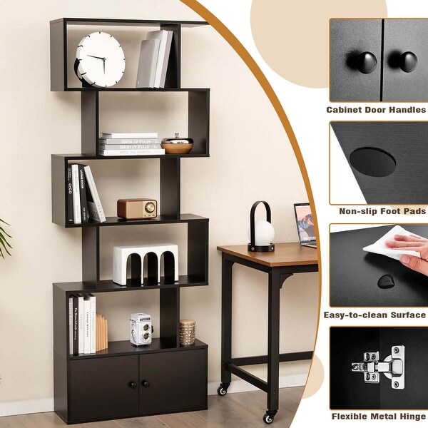 Costway Bookshelf with Cabinet 6-Tier S-Shaped Bookcase