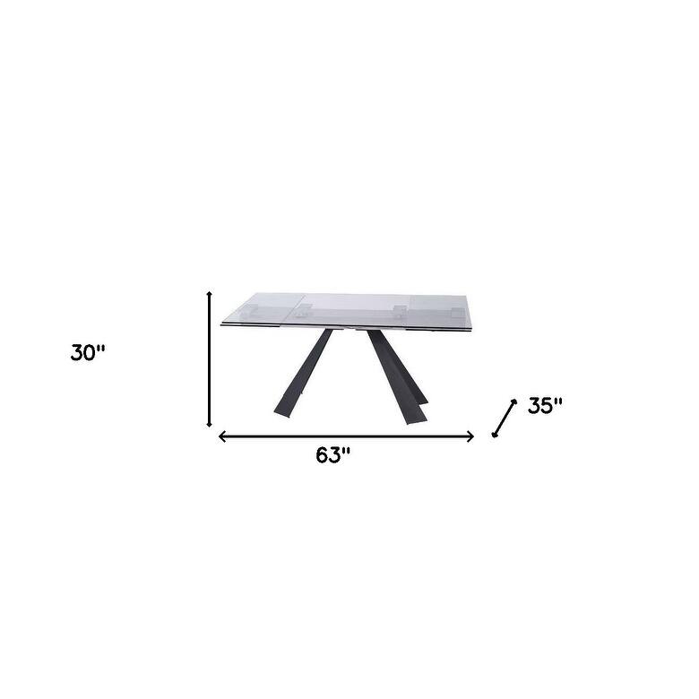 63" Clear And Black Glass And Metal Drop Leaf Pedestal Base Dining Table