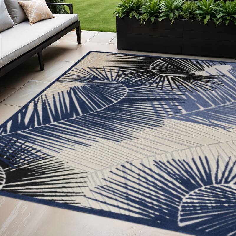 HomeRoots Palm Leaf Contemporary Rectangle Outdoor Rug - 5' X 7' - Blue/Ivory/Black - 5' X 7'