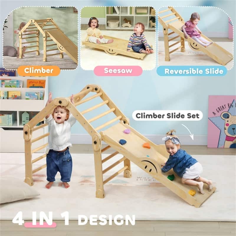 Multicolored 4-in-1 Kids Climber Slide Indoor Playset for Toddlers 18-48 Months Pinewood Adjustable Ramp Safe Play