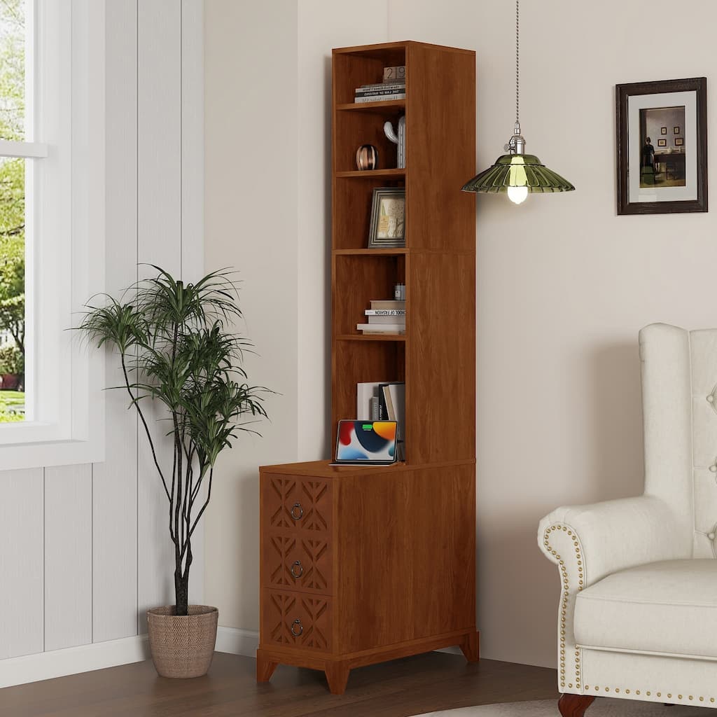 Roomfitters 70.9" Tall End Table, Charging Station Bookshelf with Wooden Frame for Bedroom and Living Room, Walnut