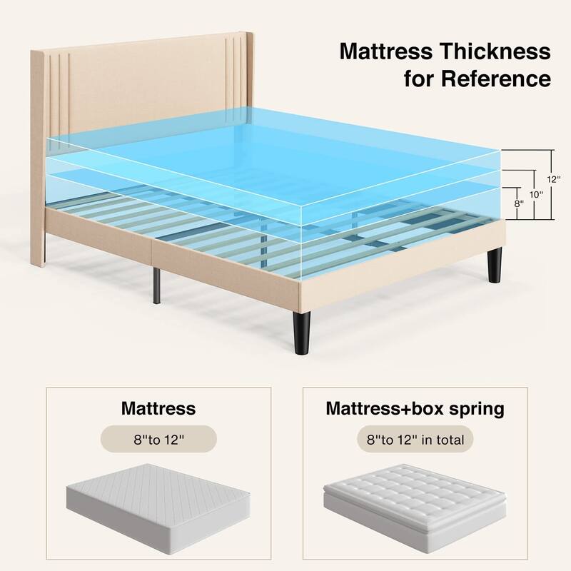 Queen Bed Frame with Wingback Headboard, Upholstered Platform Bed with Geometric Headboard, Wooden Slats, No Box Spring Needed