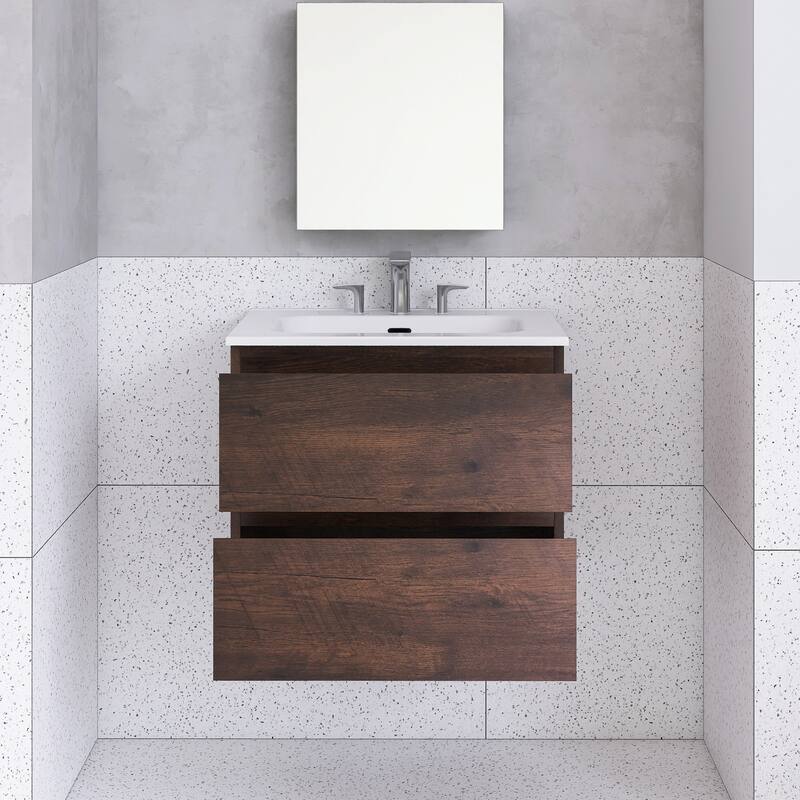 Floating Integrated Bathroom Vanity with Ceramic Sink, Three Faucet Holes