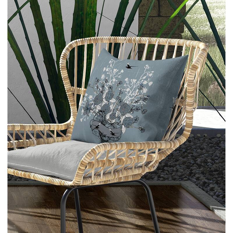Elegant Floral Bouquet Indoor/Outdoor Reversible Throw Pillow Mint and Gray