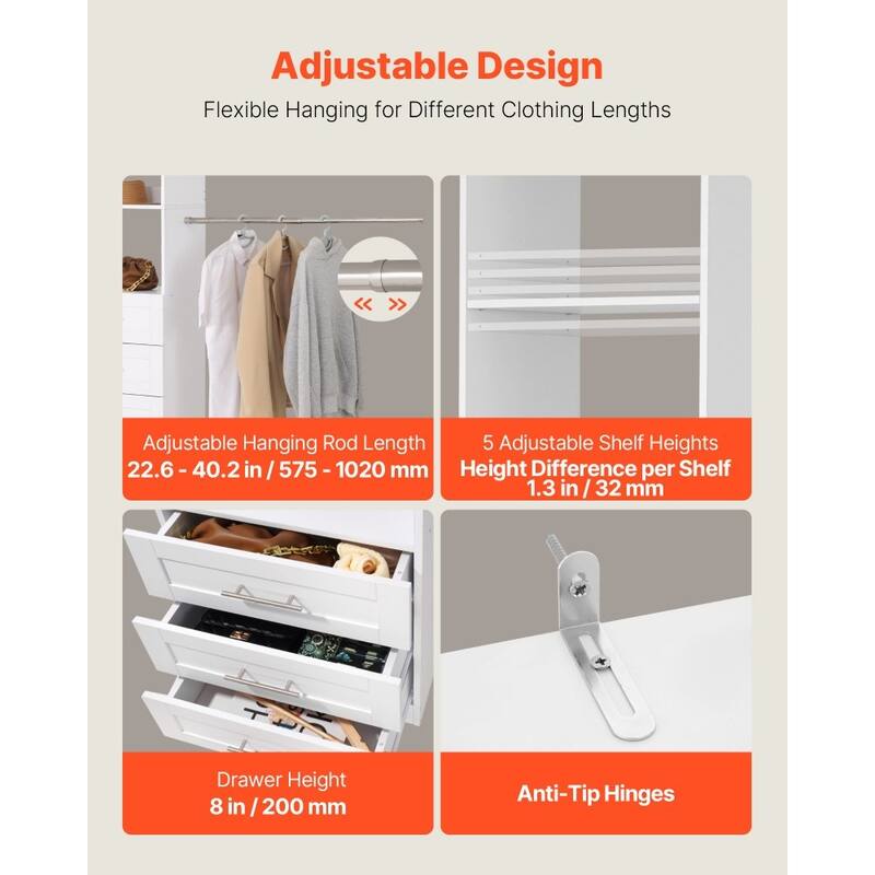 Large White Closet Organizer with 11 Compartments Adjustable Rods and Pull-Out Drawers - 65.8” - 100.8” x 15” x 81”