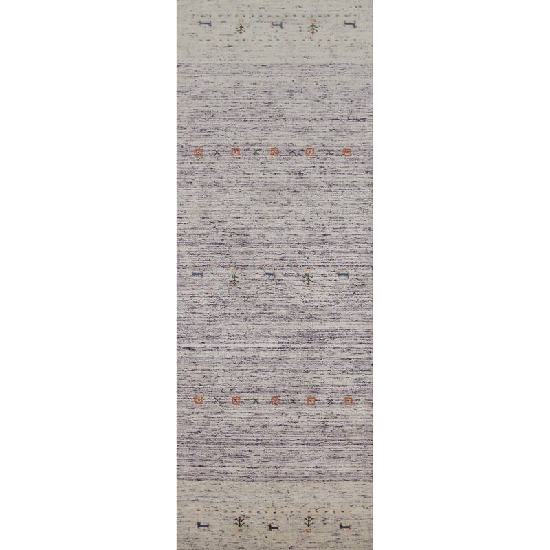 Gabbeh Indian Runner Rug Hand-Knotted Modern Purple Wool Carpet - 2'5" x 9'6"