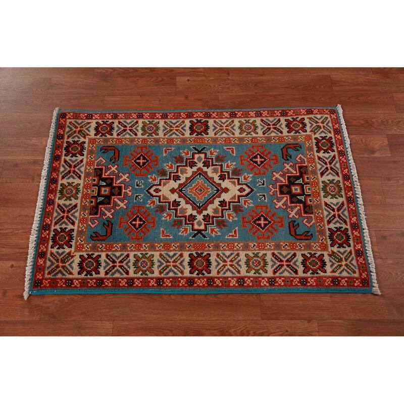 Blue Kazak Oriental Foyer Rug Hand-Knotted Wool Carpet - 2'0"x 3'0"