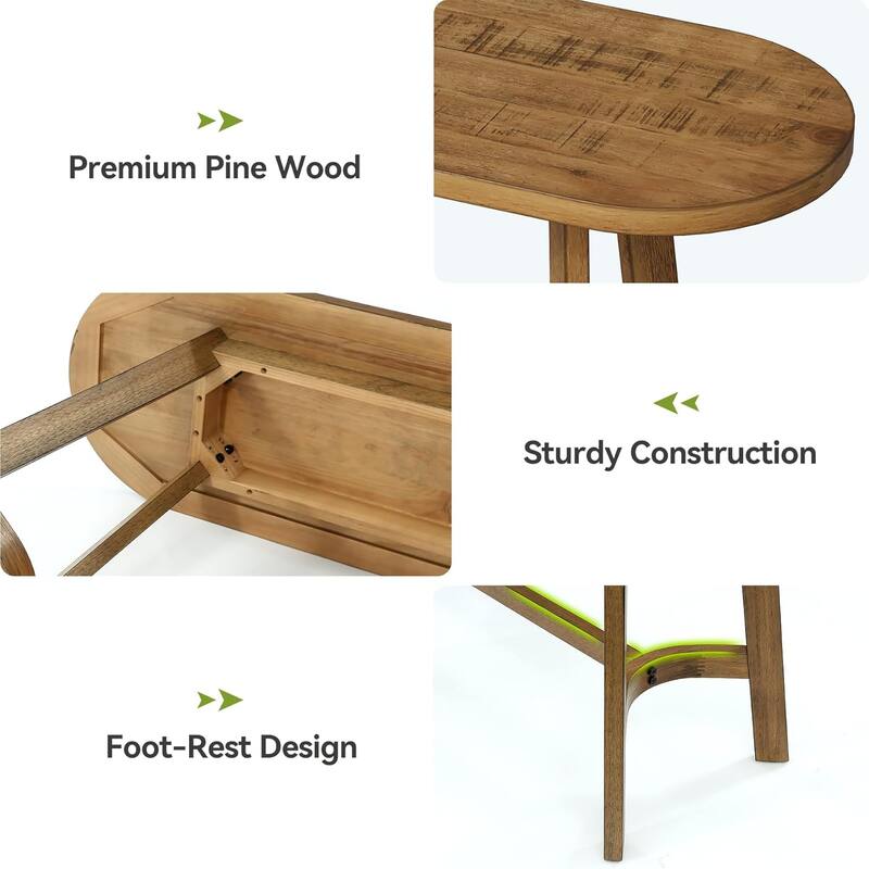 63" Solid Wood Bar Table, Oval Counter Height Table with Footrest for Kitchen - 17.72"D x 62.99"W x 37.4"H