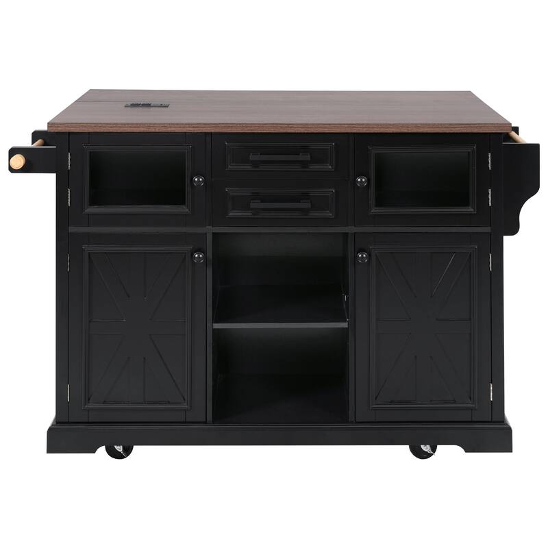 54.9" Kitchen Island with Drop Leaf, Power Outlet, with 4 Door Shelves, Cross Barn Doors & Visual Glass Door on 4 Wheels