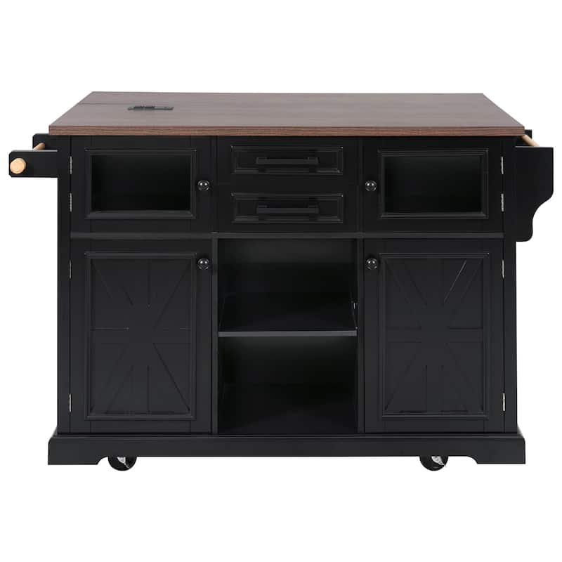 54.9"Kitchen Island with Drop Leaf, 4 Door Shelves, Cross Barn Doors & Visual Glass Door, Rolling Kitchen Island on 4 Wheels