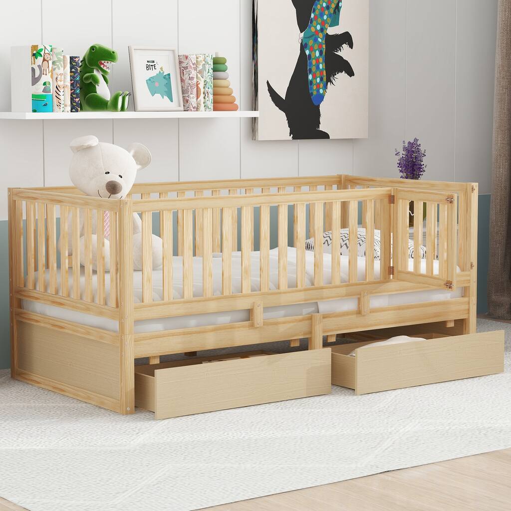 Twin Size Solid Wood Daybed with Fence Guardrails and 2 Drawers, Split into Independent for Bedroom