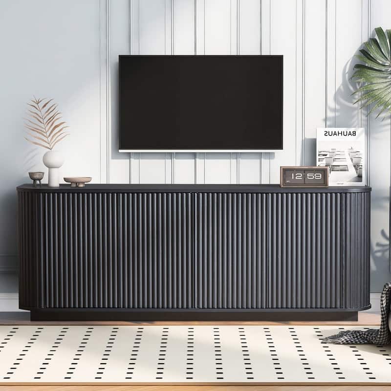 Wave Pattern Storage Cabinet, Stylish Wooden Sideboard with Pressed Spring Door