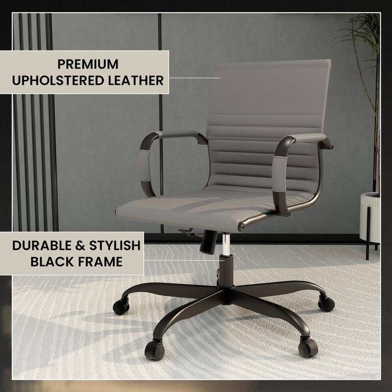 Harris Leather Mid-Back Adjustable Seat Height Office Desk Computer Swivel Chair in Black Metal Frame for Home Conference