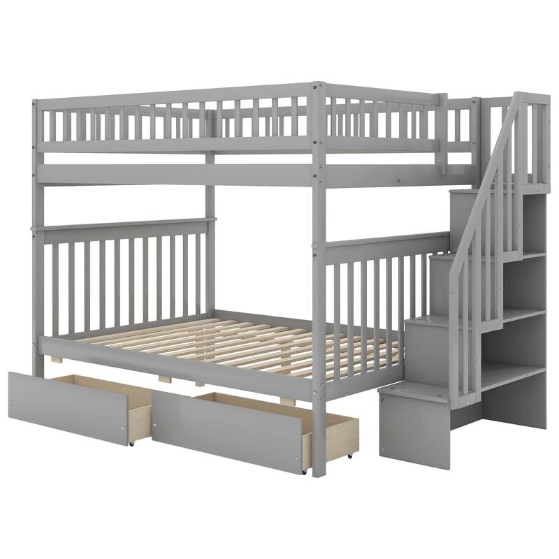 Full over Full Bunk Bed with Drawers and Storage, Gray