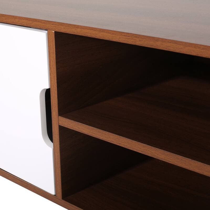 Roomfitters Mid-Century TV Stand with Storage Cabinets and Open Shelves for Living Room or Bedroom, Walnut+White