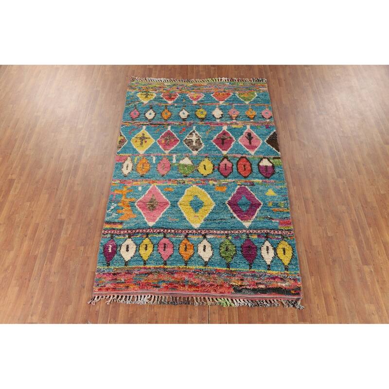 Hand Knotted Oriental 100% Wool Carpet Modern Tribal Navy Blue & Blues Moroccan Area Rug - 9' 8'' X 6' 2''