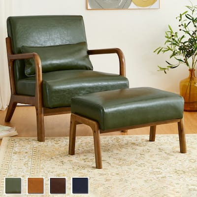 Glitzhome 30.75"H Mid-Century PU Leather Armchair with Ottoman Set