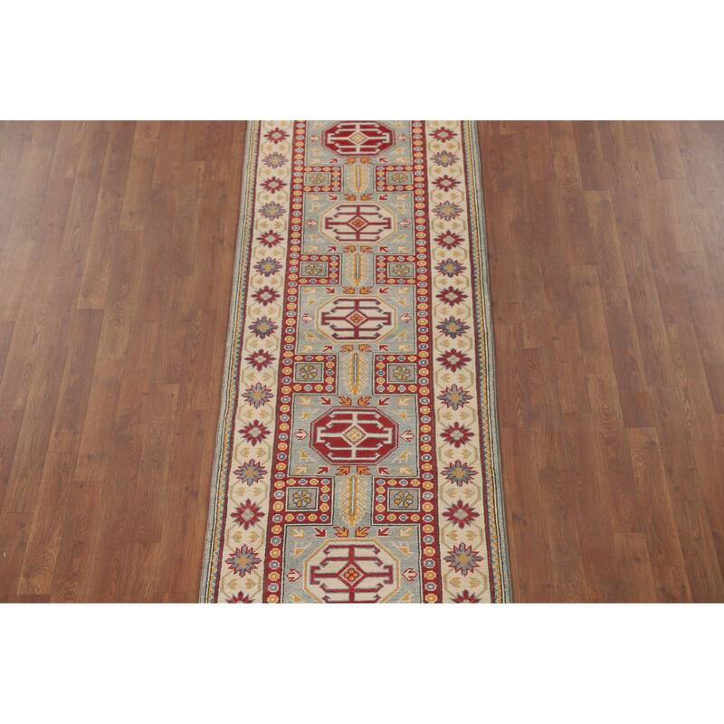 Geometric Kazak Runner Rug Handmade Traditional Blue Wool Carpet - 2'8" x 13'6"