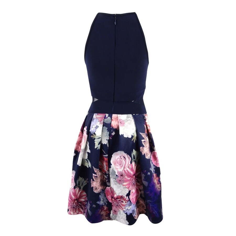 X By Xscape Women's Illusion Floral-Print Fit & Flare Dress (4, Navy Multi)  - Overstock - 41460622