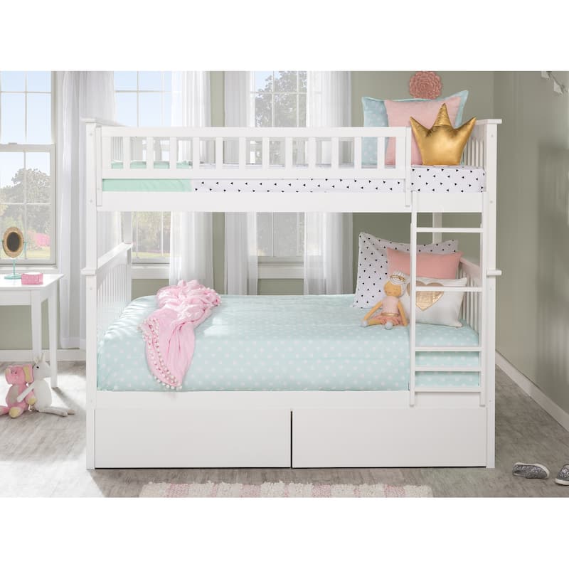AFI Columbia Full over Full Size Bunk Bed with Bed Drawers and Charging Station in White