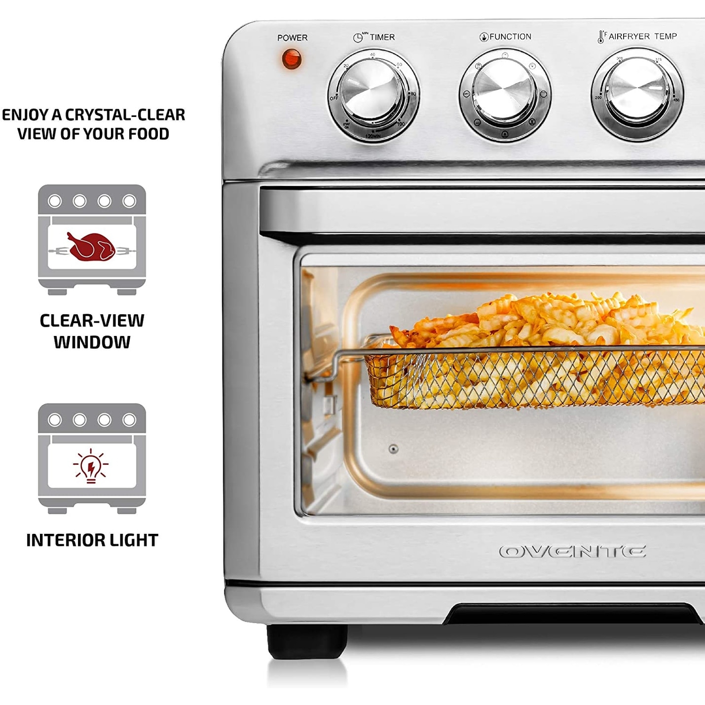 OVENTE 26 Qt Air Fryer Toaster Oven Combo, Digital Display and Accessories,  New Silver OFD4025BR 