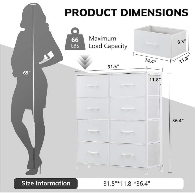 Dresser for Bedroom with 8 Drawers, Anti-Tip Tall Fabric Chests Storage Organizer Tower Furniture with Wooden Top Metal Frame