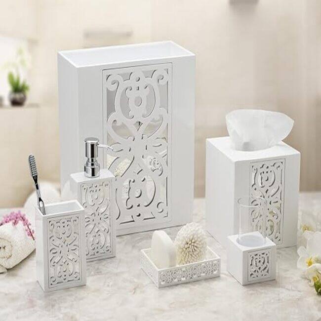 Creative Scents Mirror Janette Bathroom Accessories Set, 6 Piece Bath Set Collection - White