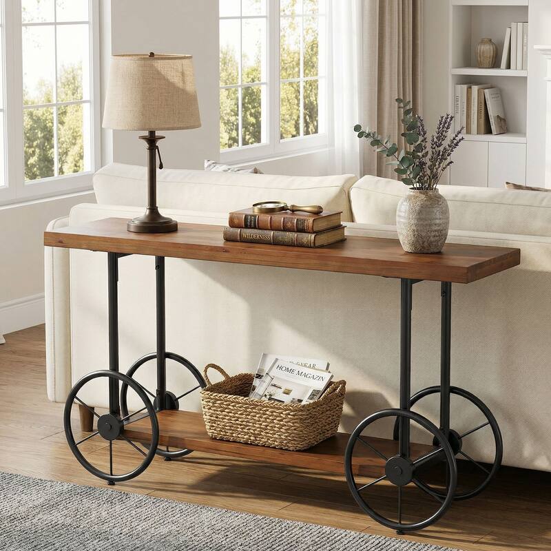 2-tier Solid Wood Console Sofa Table with Storage Shelves