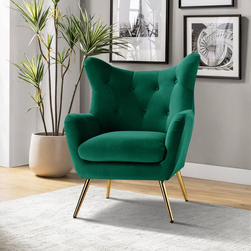 Eusebio Tufted Velvet Accent Chair with Wingback, Arms, and Metal Gold Legs for Living Room or Bedroom by HULALA HOME