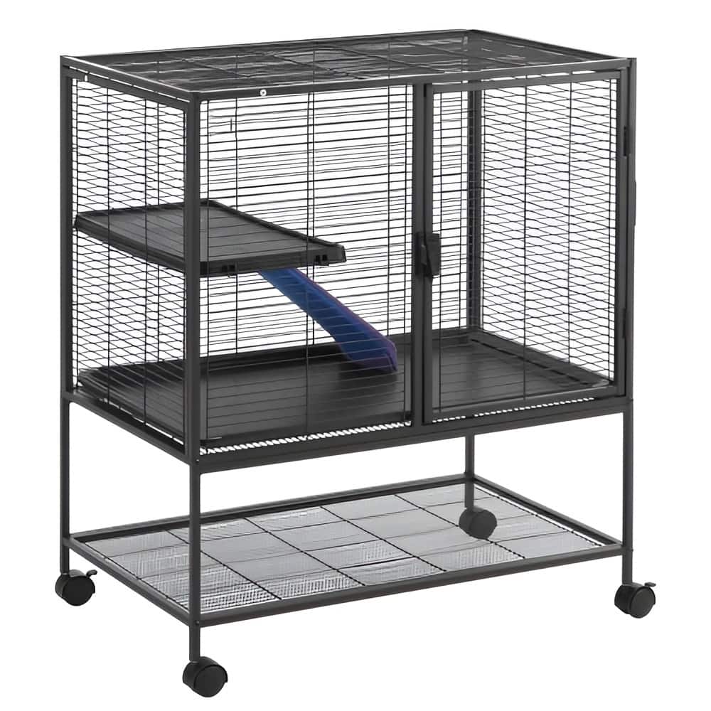 Black Iron & Plastic Pet Cage with Ramp, Wheels & Storage Shelf - 30.3"x20.5"x36.2"