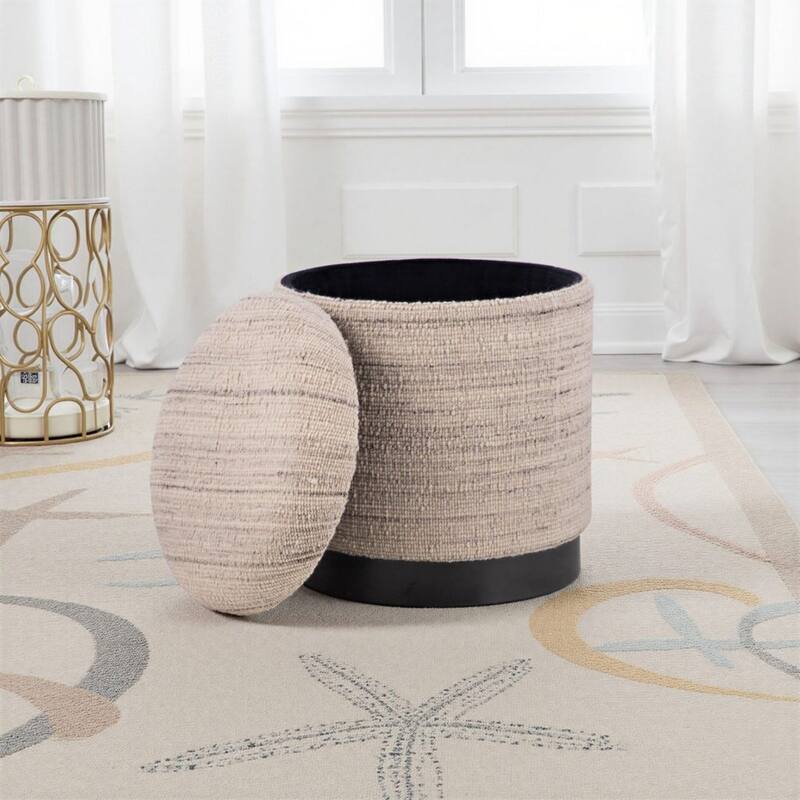 Handwoven Storage Ottoman with Matte Black Metal Base - Solid Wood Frame