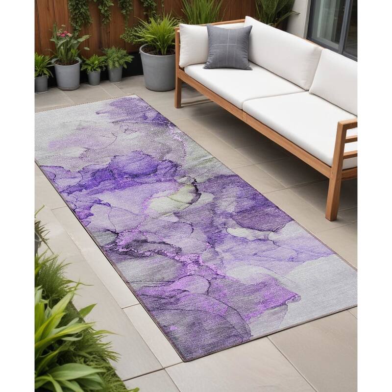Almisi Artistic Abstract Weather Resistant Versatile Elegance Outdoor Rug - 8' Runner - Purple