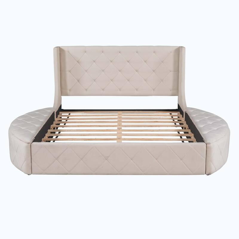 Queen Size Upholstered Platform Bed with Wingback Headboard and 1 Big Drawer,2 Side Storage Stool
