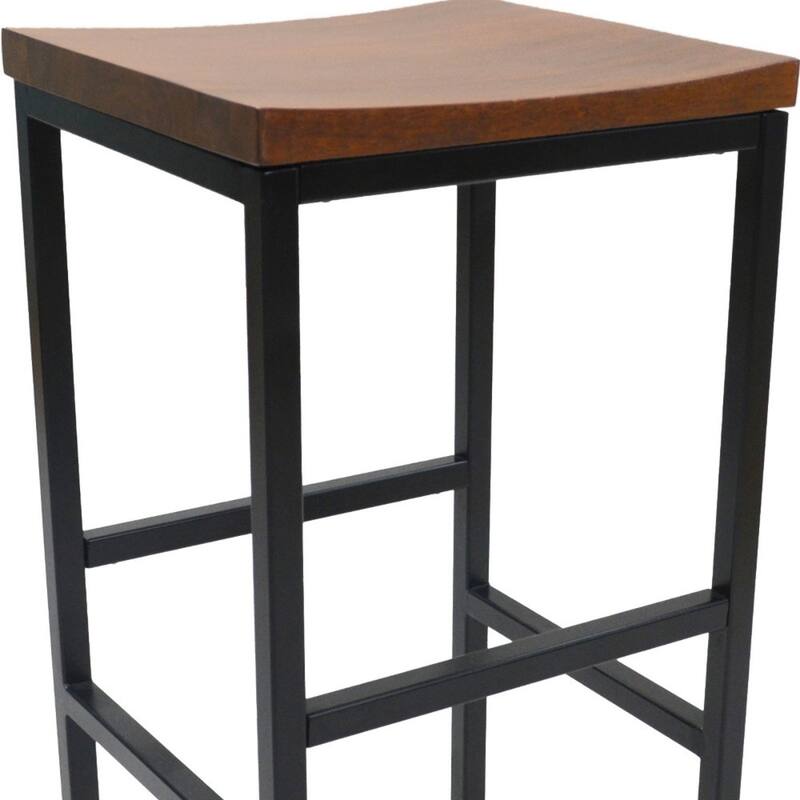 Contemporary Chestnut Swivel Solid Wood Saddle Seat Bar Stool with Footrest and Black Steel Frame