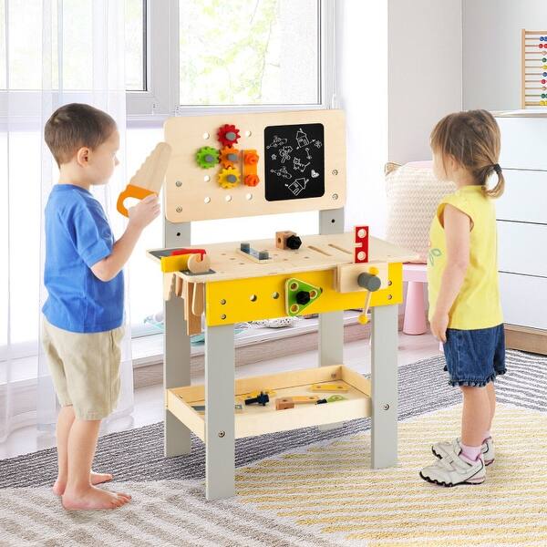 slide 2 of 10, Wooden Pretend Play Workbench Set with Blackboard for Toddlers Ages 3 Plus - 21" x 12" x 29.5"-32" (L x W x H) 2-4 Years
