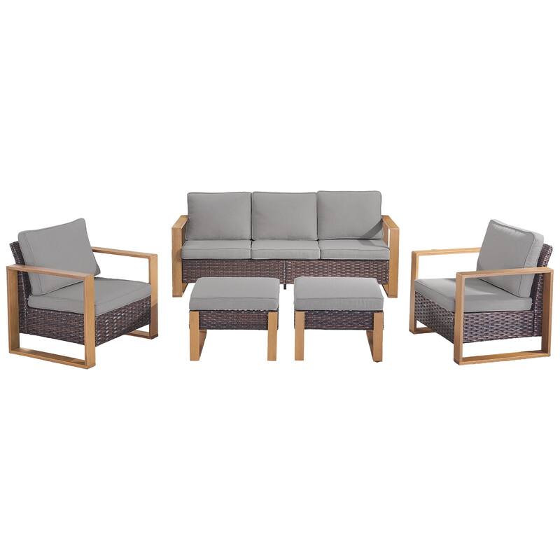 Pocassy 5 Pieces Outoor Patio Sofa Club Chair Ottoman Set