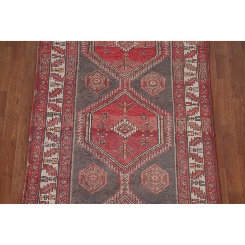 Hand Knotted Oriental 100% Wool Carpet Traditional Geometric Greys & Charcoal Ardebil Runner Rug - 12' 9'' X 3' 7''