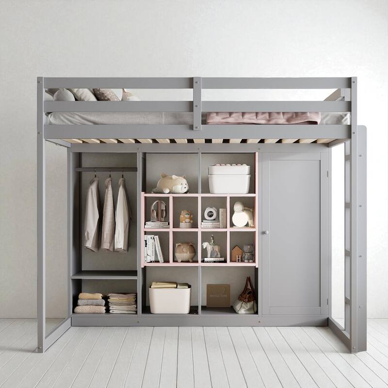 Space-Saving Twin/Full Loft Bed, Solid Wood Frame with Open Wardrobe, Colorful Shelves, Cabinet Storage & Reversible Ladder
