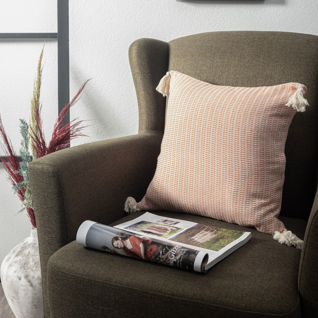 Striped Loomed Cotton Throw Pillow Cover with Tassels - 18" - Orange and Cream