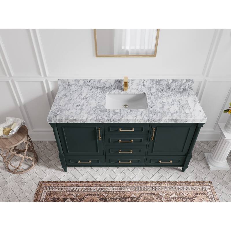 Willow Collections 60 in. W x 22 in. D Aberdeen Single Bowl Sink Bathroom Vanity in Dark Forest Green with Countertop - 2" Carrara Marble - Dark Forest Green