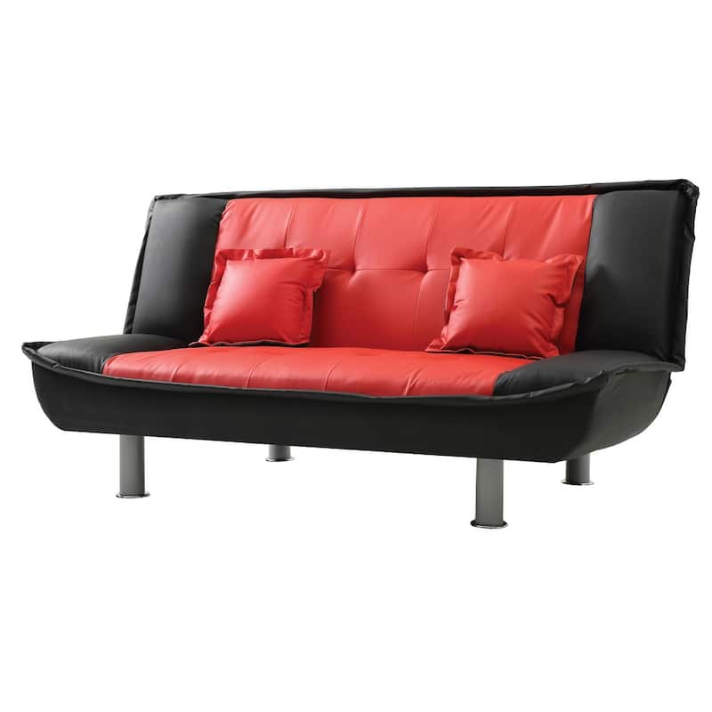 Armless Faux Leather Tufted Straight Sofa with Pillows - 74" - Red and Black
