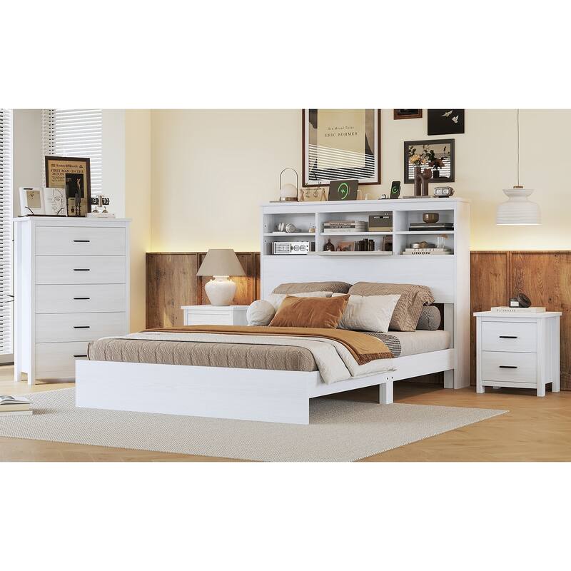 Vintage Queen Bed with Storage Headboard, USB Ports, and Charging Station