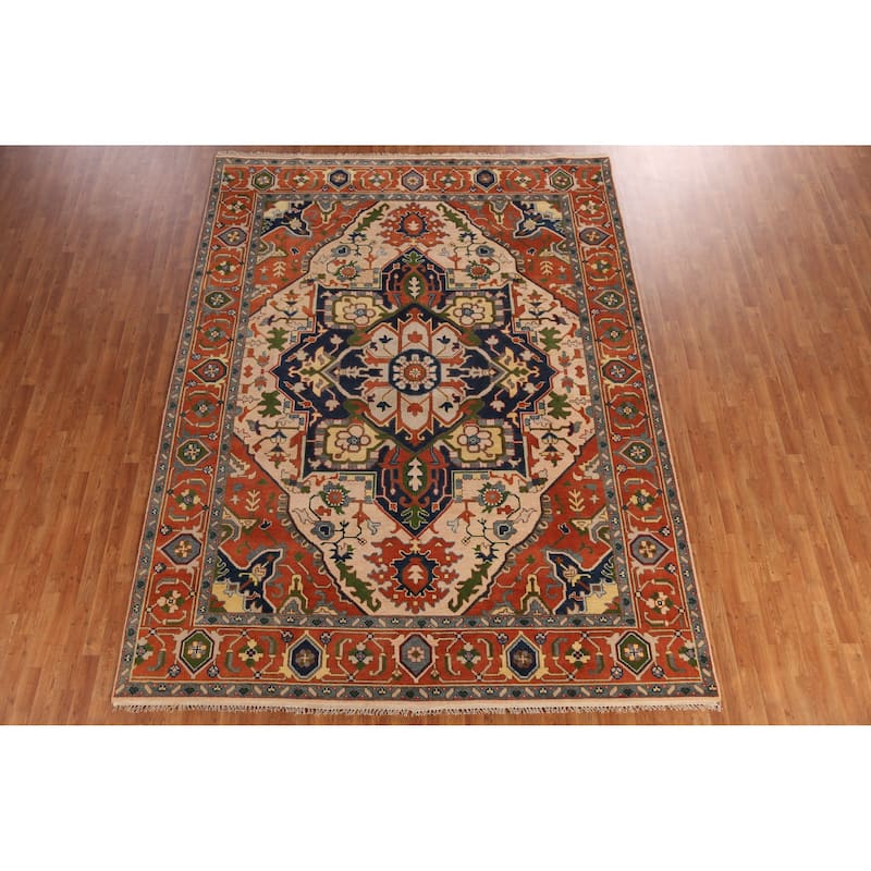 Peach Geometric Heriz Serapi Indian Area Rug Hand-Knotted Wool Carpet - 8'11" x 11'8"