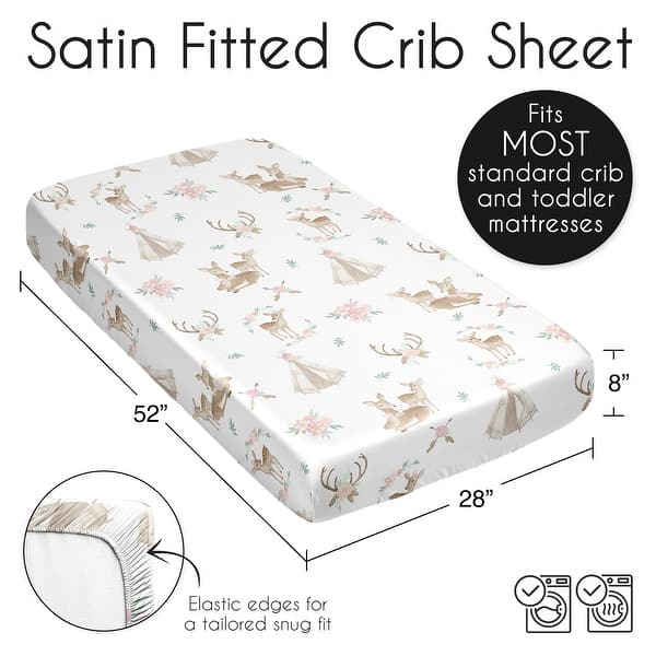 Sweet Jojo Designs Woodland Deer Floral Girl Satin Fitted Crib Sheet Pink Green Boho Watercolor Bohemian Animal Shabby Chic